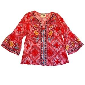 Savanna Jane Red Floral Embroidered Bell Sleeve Blouse Top Bohemian medium